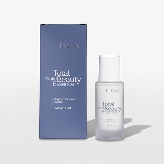 ELYON Total White Beauty Essence – luxury product shot fond gris perle