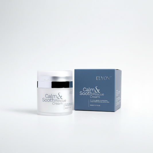 ELYON Calm & Sooth Rescue Cream – luxury product shot fond gris perle
