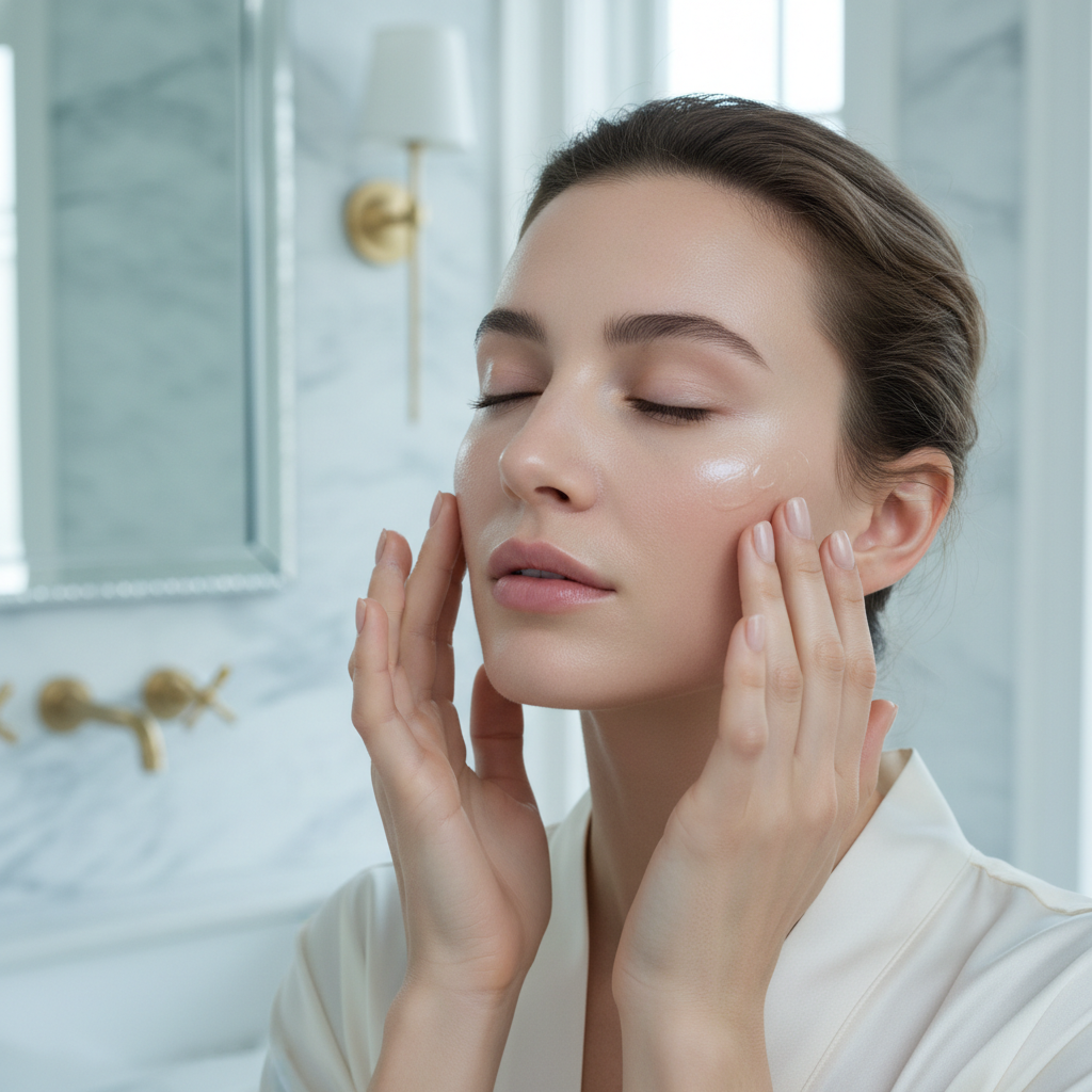 Femme appliquant essence légère ELYON peau apaisée hydratée lumineuse routine beauté luxe