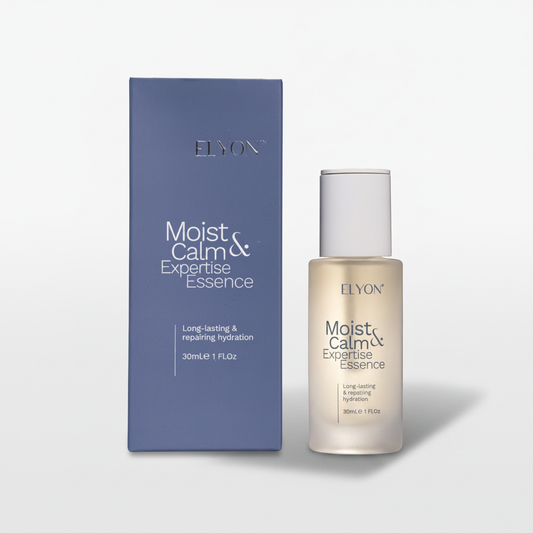 ELYON Moist & Calm Expertise Essence – luxury product shot fond gris perle