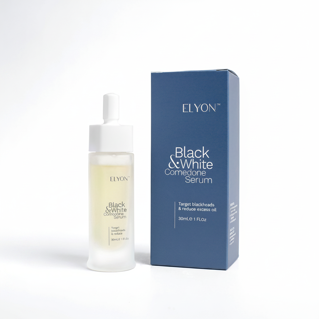 ELYON Black & White Comedone Serum – luxury product shot fond gris perle