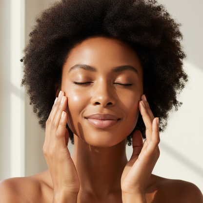 Femme africaine afro peau lumineuse ELYON Total White Essence teint unifié éclat naturel